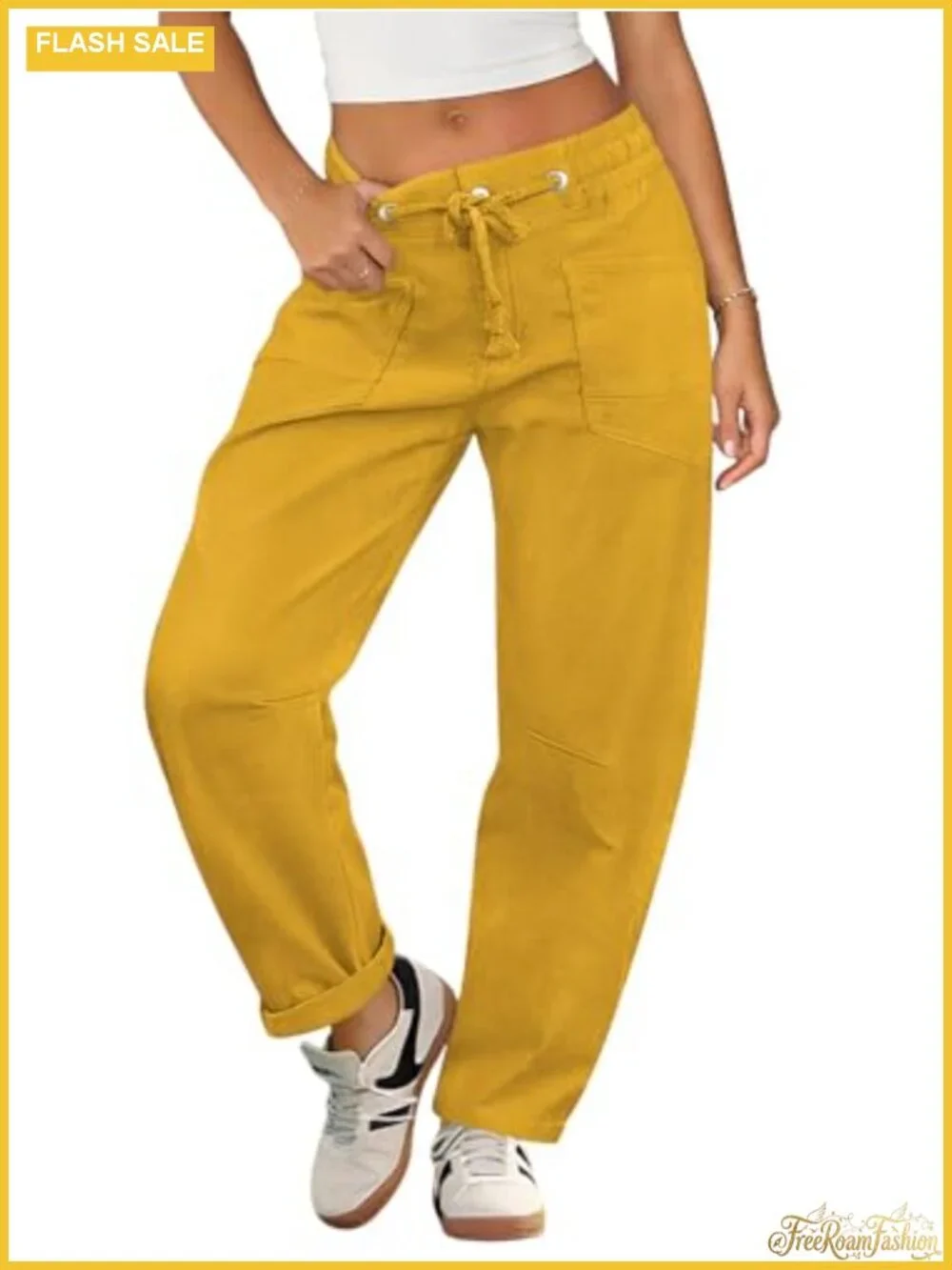 Low Rise Drawstring Barrel Pants Women Casual Wide Leg Chino Stretch